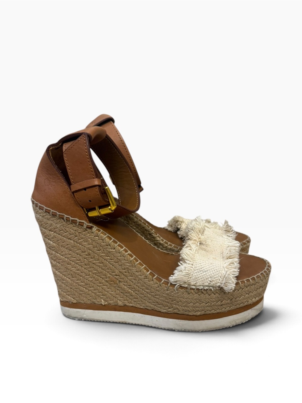 See By Chloe Brown Leather Espadrille Wedge Sandals with Cream Frayed Strap